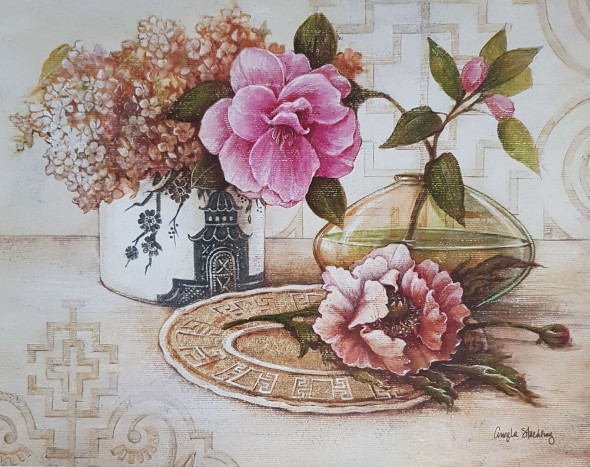 Obrázek 24x30, zátiší s květinami, rám bílý s patinou