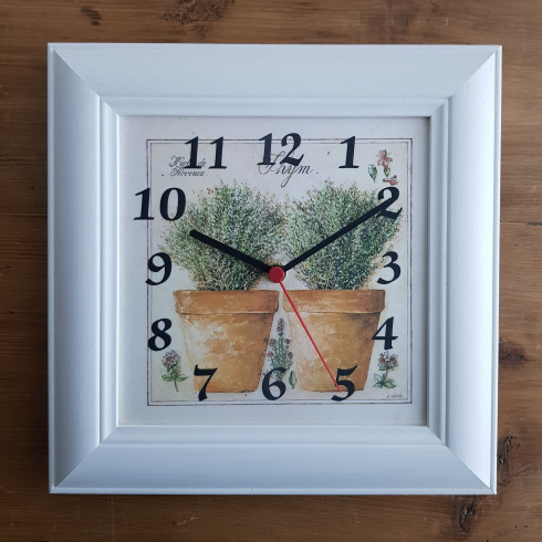 Hodiny 20x20, tymián, rám bílý s patinou