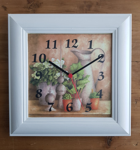 Hodiny 20x20, nádoby & květiny, rám bílý s patinou