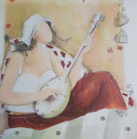 Obrázek 20x20, žena s loutnou, rám SM1