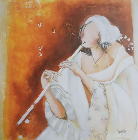 Obrázek 20x20, žena s píšťalou, rám SM1