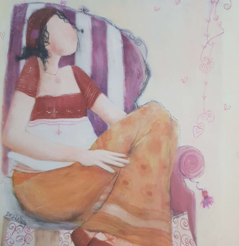 Obrázek 20x20, žena v křesle, rám SM1